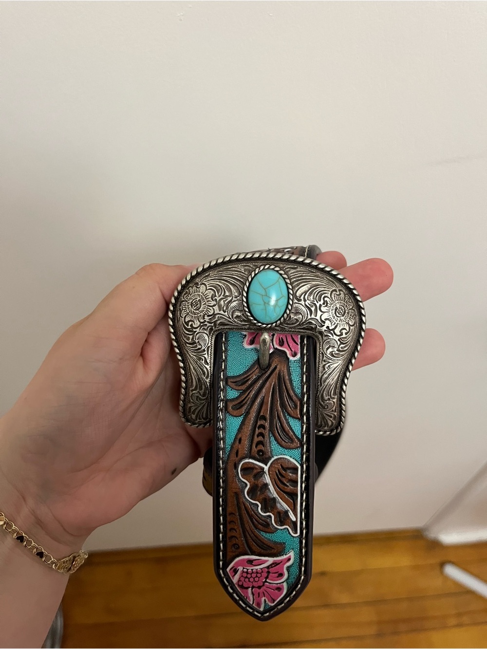 Ariat Turquoise, Brown and Pink Floral Western Belt with Silver-Tone Buckle